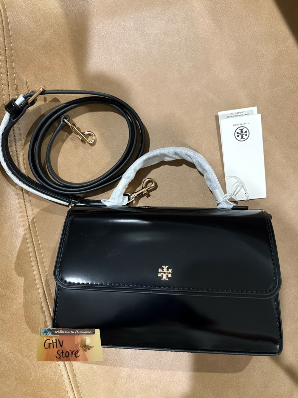 Tory Burch Emerson Smooth Leather Mini Top Handle Satchel Crossbody in Black NWT